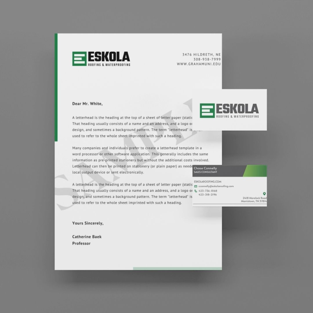Assorted Eskola Roofing marketing graphics, including service brochures and checklists.