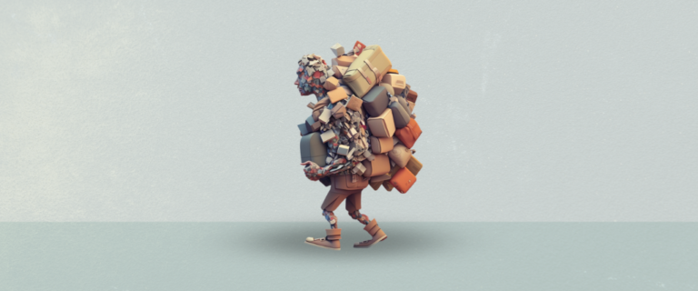 Robot carrying baggage, symbolizing the hidden costs and burden of DIY branding and web design on your business.