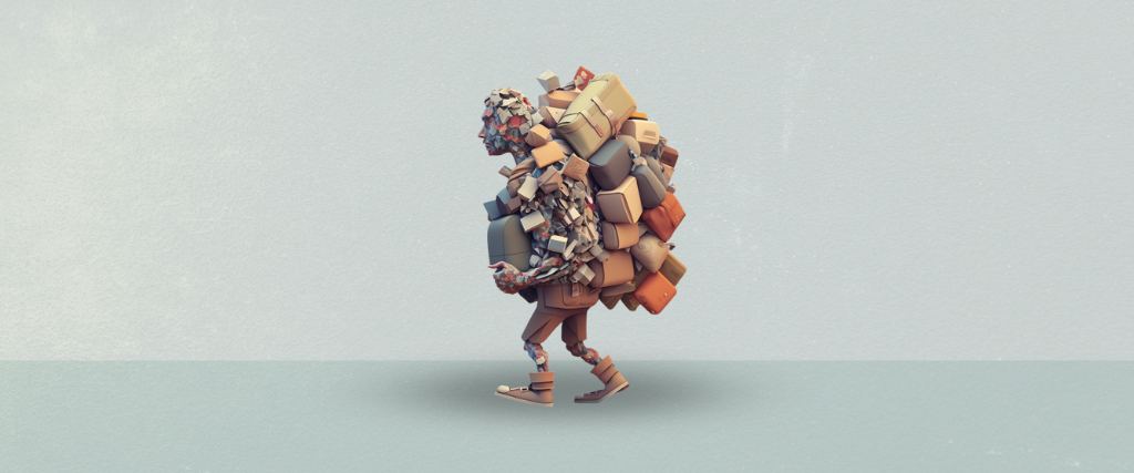 Robot carrying baggage, symbolizing the hidden costs and burden of DIY branding and web design on your business.