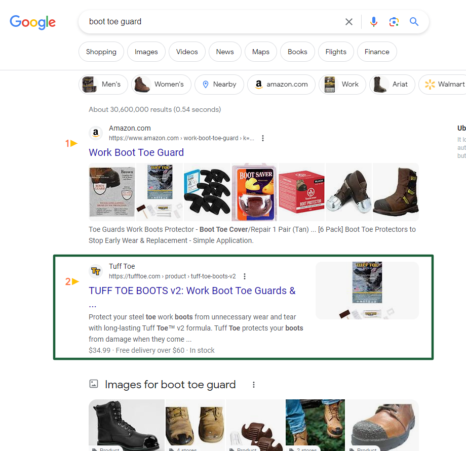 Our SEO Client Tuff Toe Company's Boot Toe Guard Keyword ranked at position 2 on Google